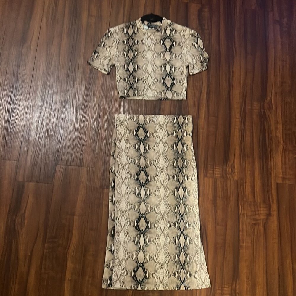 Olivaceous Two Piece Matching Set - Snake Print - High Neck Top & Skirt